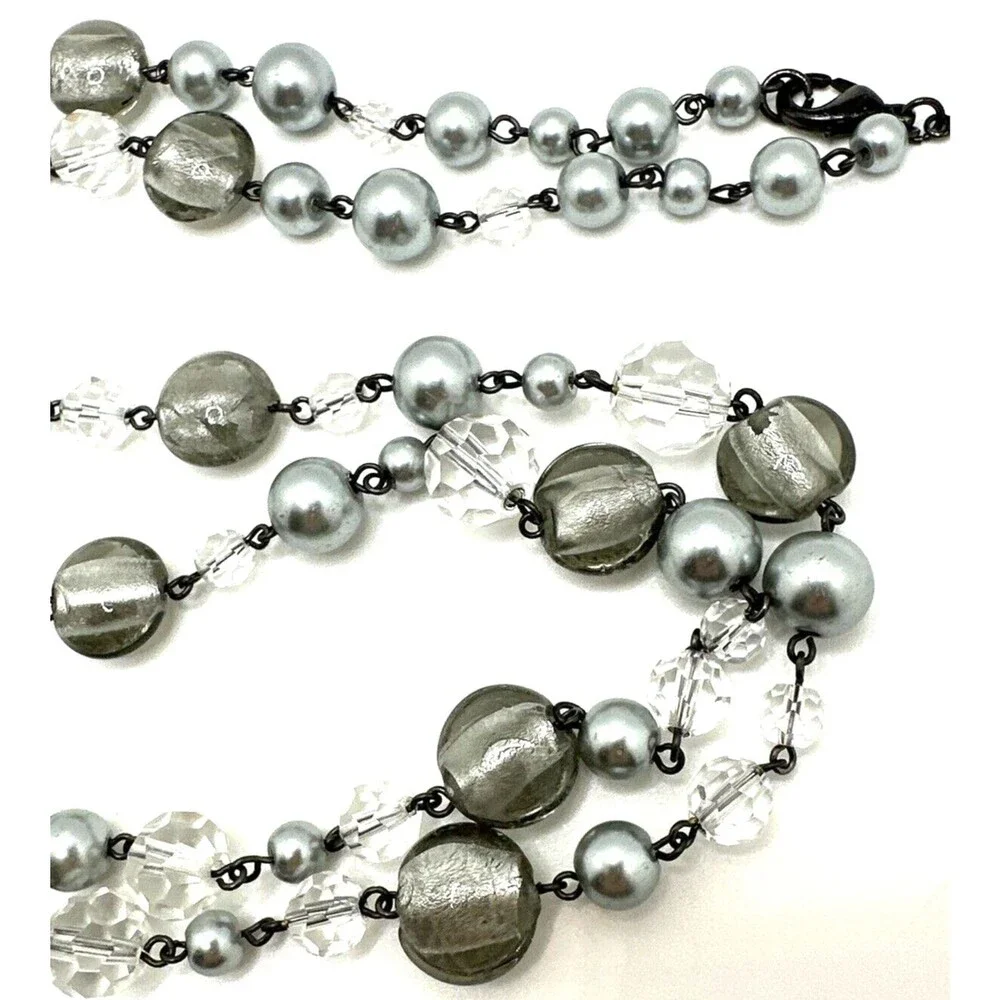White House Black Market Station Necklace Gray Clear Glass Bead Long 35